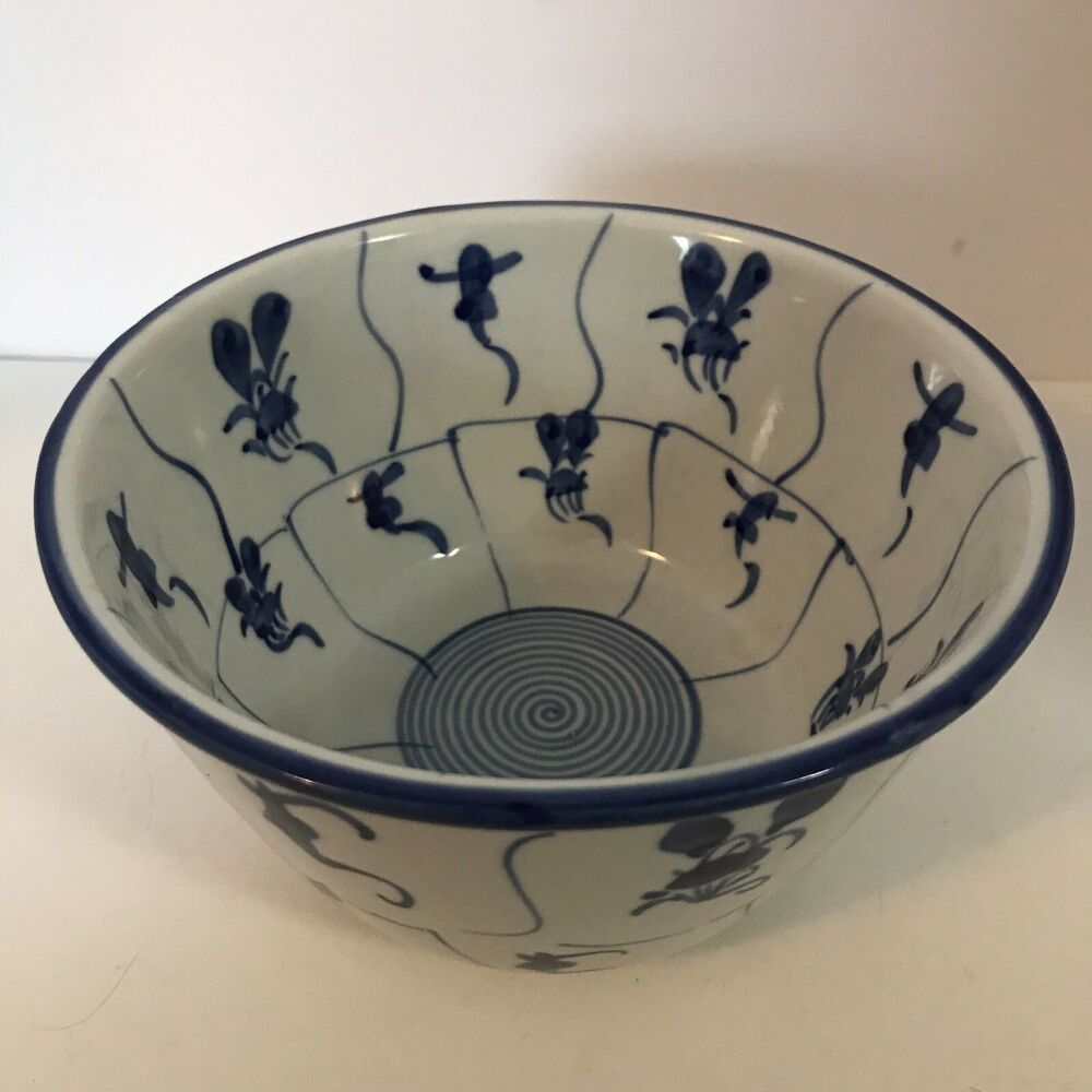 Heavy Blue & White Bowl Chinese? 6-1/2" Diameter 4" Tall Serving Bowl Some Rough